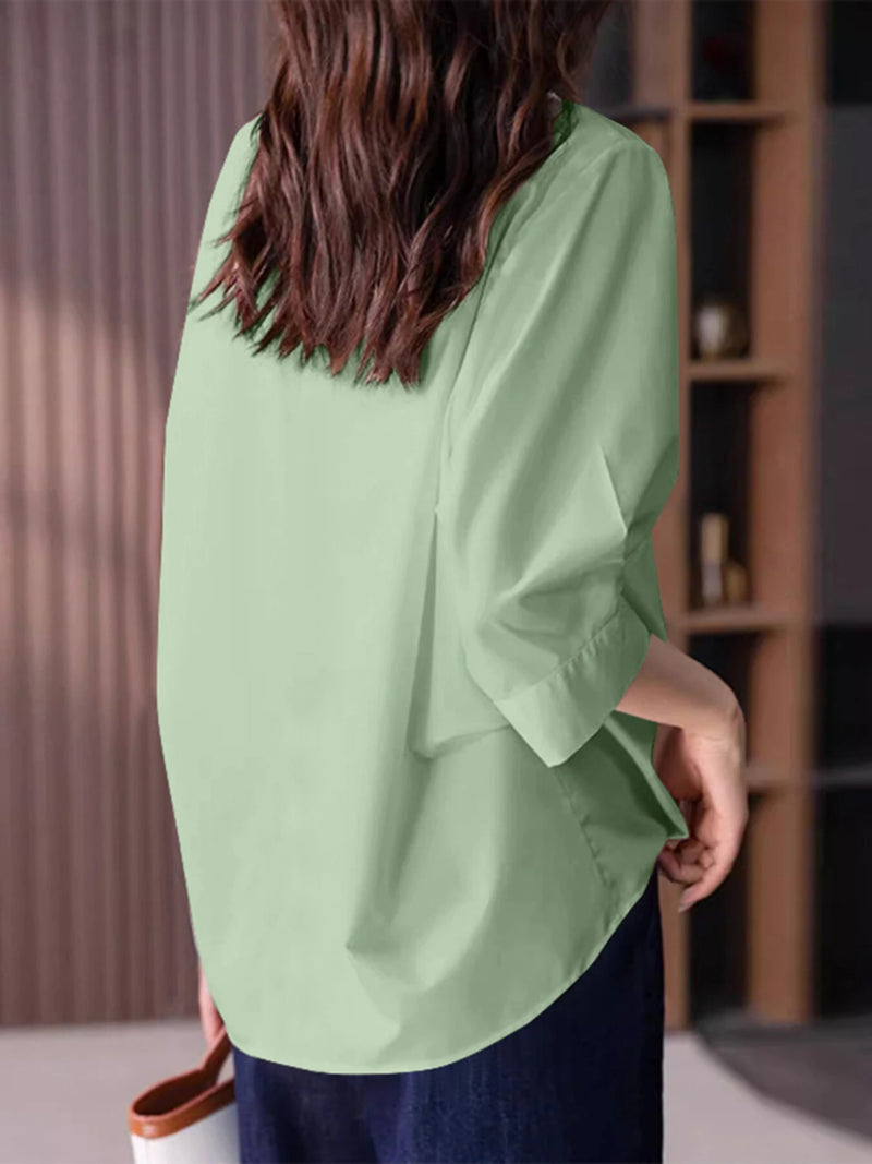 ZANZEA Womens Lapel Blouses 3/4 Length Sleeve Solid Color Shirts with Chest Pocket