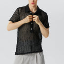 INCERUN Mens Shirts Solid Color Hollow Out Lapel Top Shirts Summer Cool Party Top Fashion Male Clothing