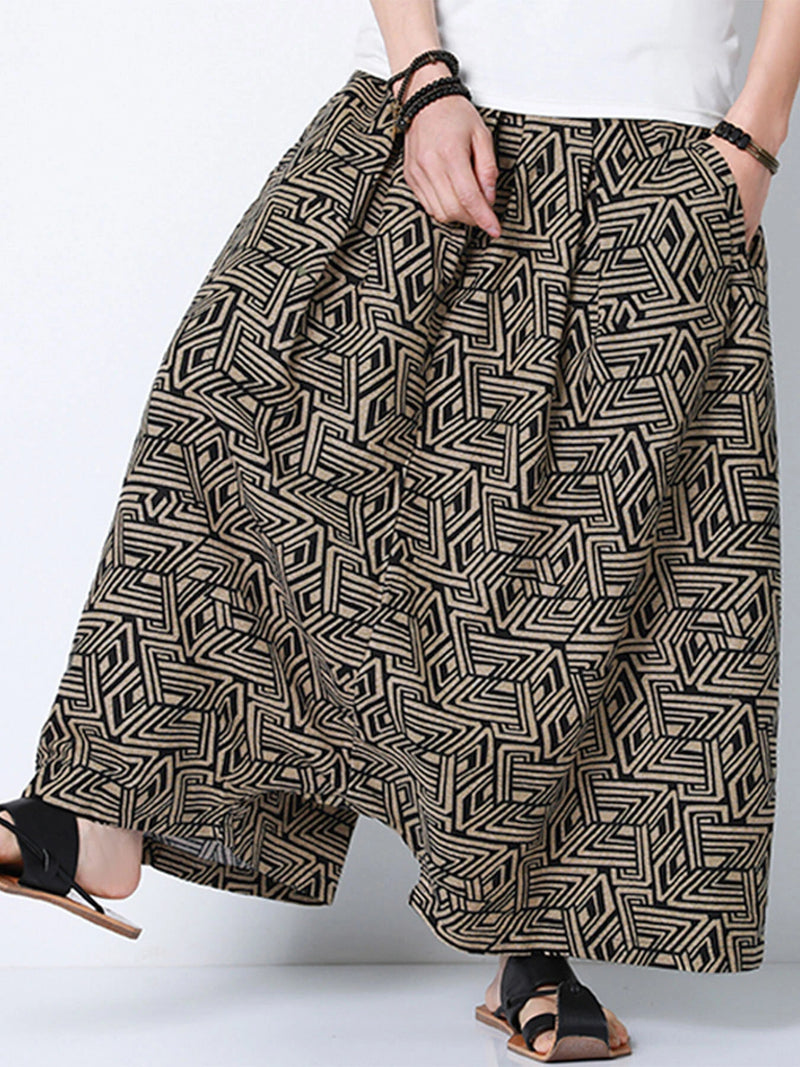 INCERUN Men Pant Ethnic Print Low Rise Long Pant Loose Fit Mens Elastic Streetwear Pants with Side Pockets S-5XL