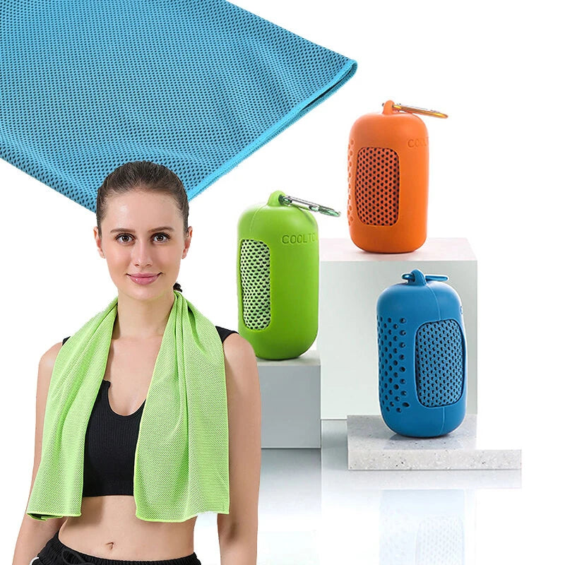 KALOAD 1pcs Portable Quick Drying Summer Cooling Towel with Round Silicone Box Soft Breathable Scarves for Sports Gym Running Yoga Fitness