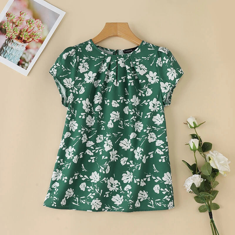 ZANZEA Womens Floral Print Ruffled Open Round Neck Design Short Sleeve Shirts