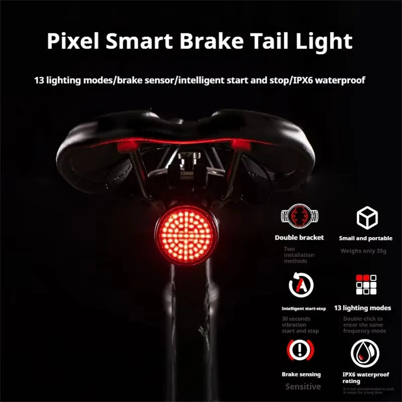 OFFBONDAGE ATS-Q6 Smart Auto Brake Sensing Bicycle Taillight 13 Light Modes Type-C Rechargeable Waterproof Bike Rear Light for MTB Road Night Riding Safety