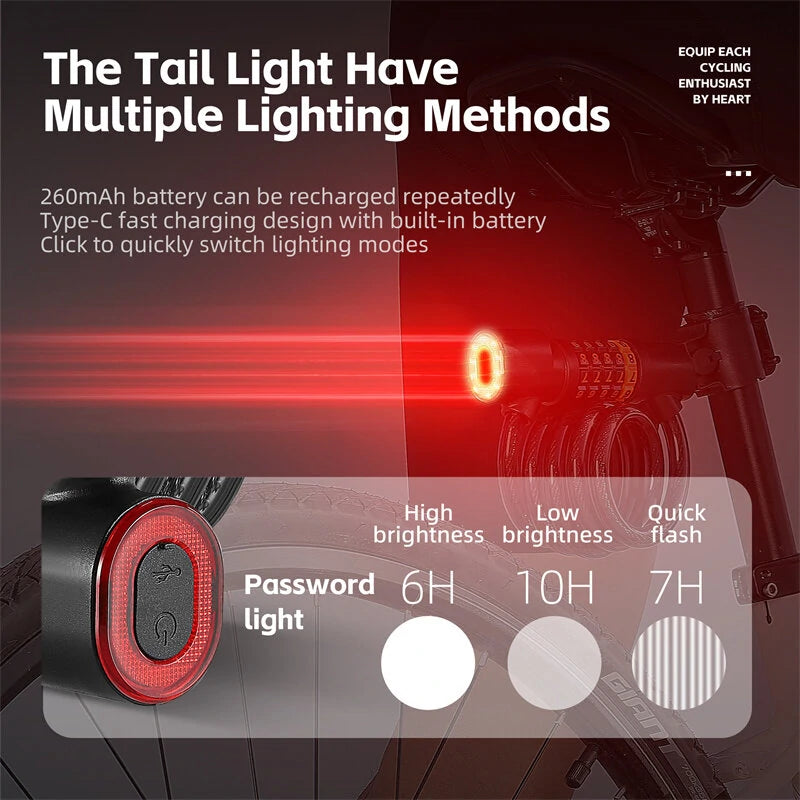 XANES Bicycle Steel Cable Lock 5 Digit Password High Security with Taillight Thicken Anti-Theft Safety Lock Motorcycle MTB Road Bike Accessories