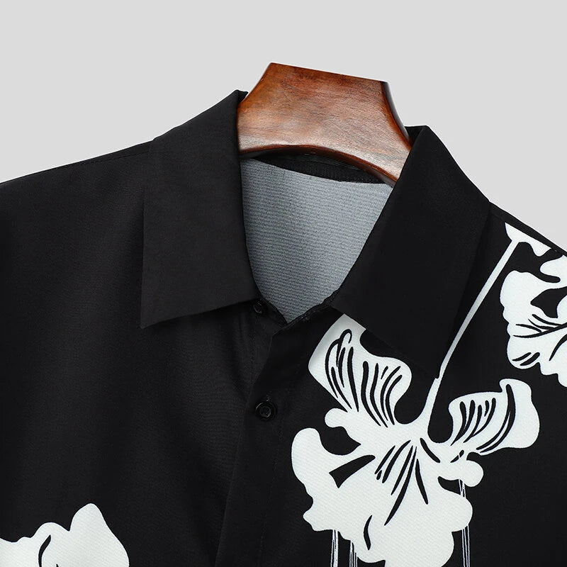 INCERUN Mens Floral Print Fringe Long-Sleeve Shirt Fashion Button Lapel Top for Male Loose Fit S-5XL