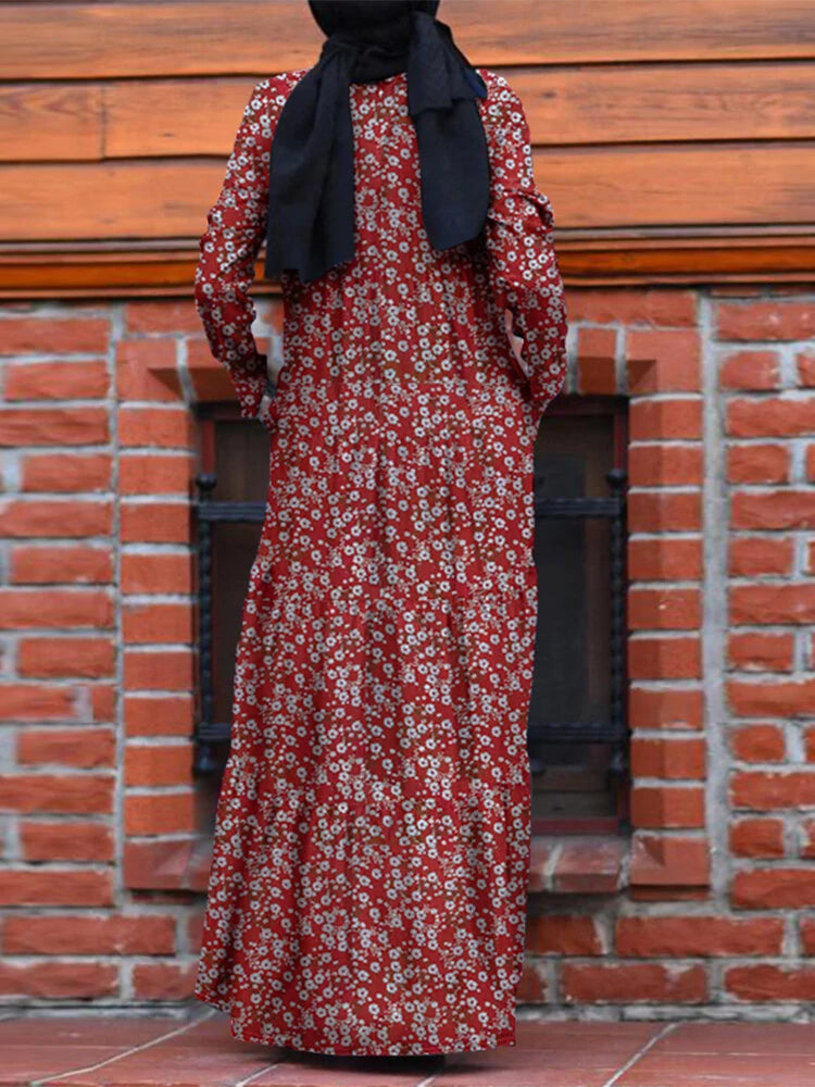 ZANZEA Plus Size Women Long Dress Floral Print Tiered Dress O-Neck Casual Maxi Dress With Side Pocket