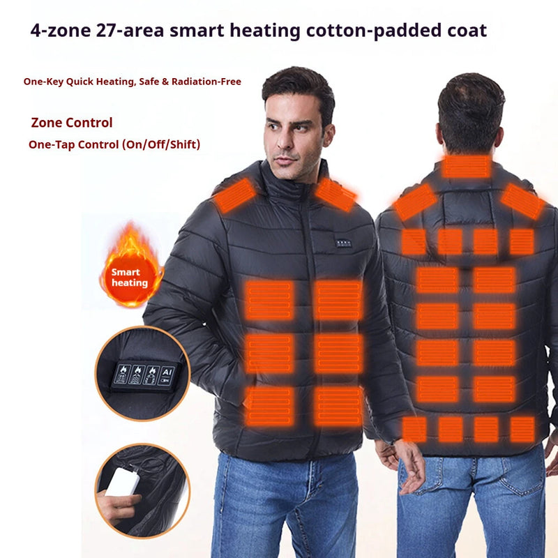 TENGOO 4 Control 27 Zone Smart Heating Cotton Jacket DC-USB Dual Interface Men's Warm Winter Coat Comfortable Heated Clothing(No Battery)