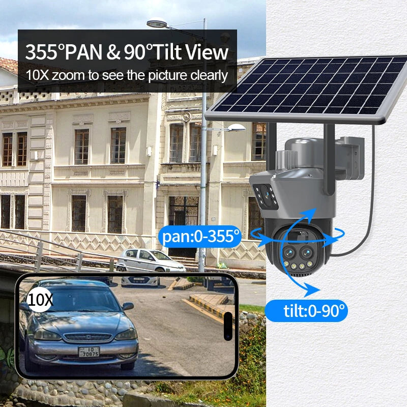 Guudgo 10x Zoom Solar Dual Lens Outdoor Security Camera PTZ Full Color Night Vision Two Way Intercom Human Detection Real Time Alerts CCTV Surveillance Camera