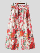 INCERUN Mens Pant High Rise Lace Up Long Trousers Fashion Flowers Print Wide Leg Pants Leisure Men Bottoms