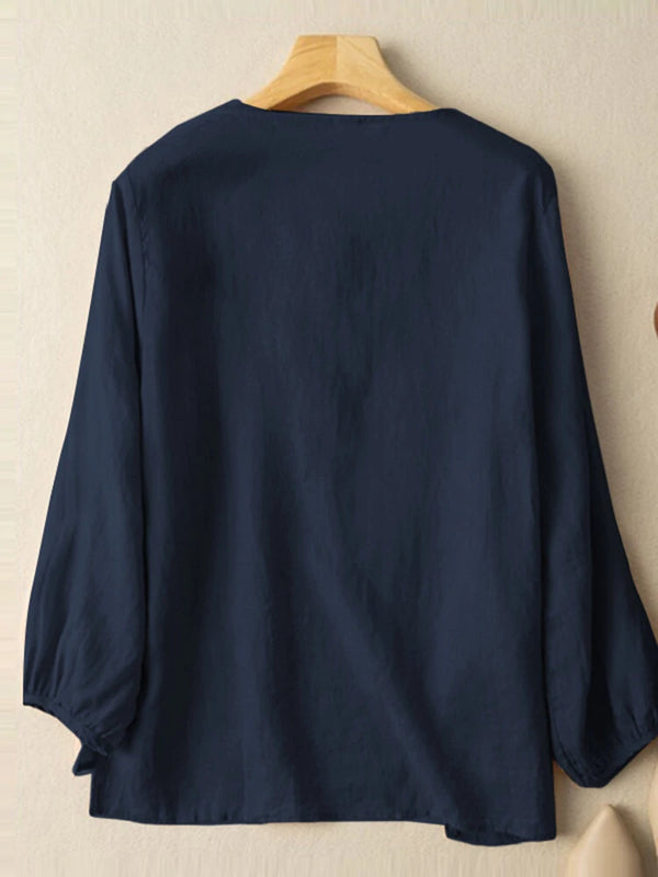 Solid Slit High-low Hem Crew Neck Long Sleeve Blouse