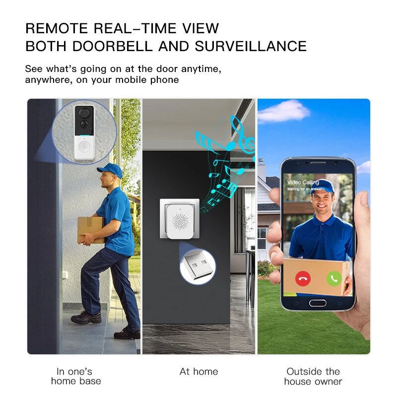 WF015-013D Tuya Smart Video Doorbell 120 Wide Angle Night Vision PIR Motion Alerts Two-Way Audio IP65 Waterproof Wireless WiFi Doorbell Camera Battery Powered Cloud Storage