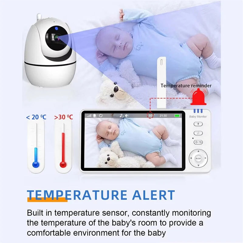 ABM501 5 Inch WIFI IP Camera Baby Monitor Video Babyphone Camera PTZ Zoom Night Vision Temperature Sensor Lullaby 24H Battery WiFi-Free Secure Connection