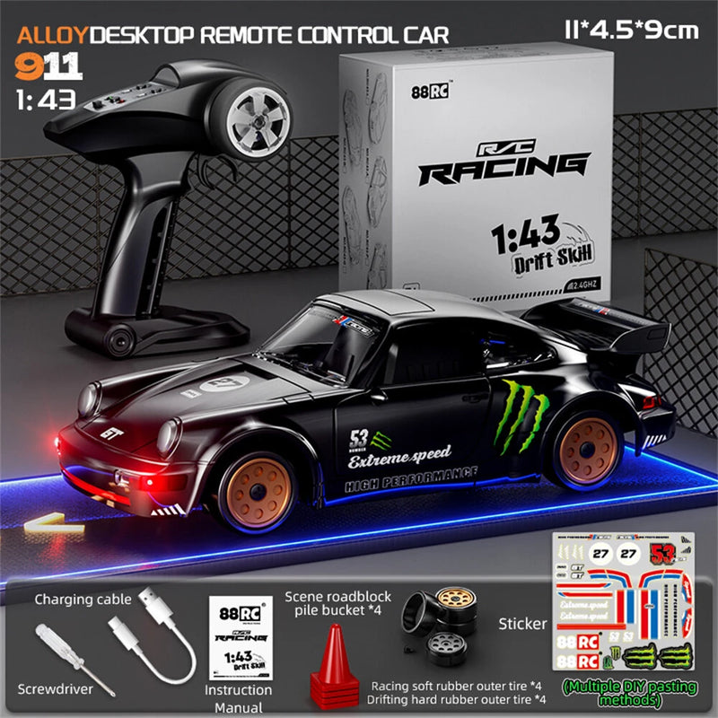 88RC 911 RTR 1/43 2.4G 4WD Drift RC Car Gyro Alloy Body Shell Desktop Full Proportional Mini Race LED Light Radio Control High-Speed Motor On-Road Racing Vehicle Model Boys Gifts Toys