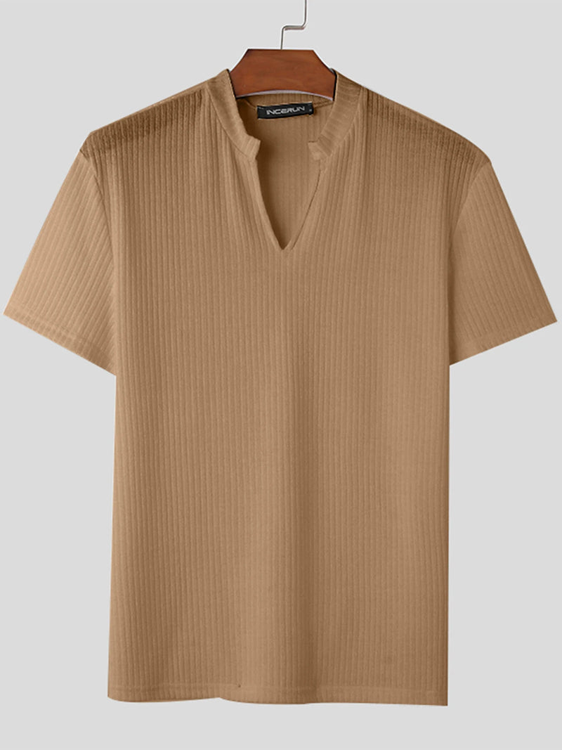 INCERUN Men T-shirts V-neck Knitted Short Sleeve Top Casual Solid Color Male Shirt Comfortable Mens Top Clothing