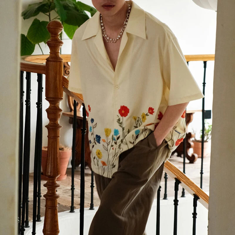 INCERUN Mens Shirts Fashion Floral Print Revere Collar Short Sleeve Shirt Summer Daily Beach Shirts