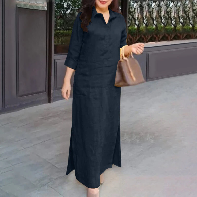 ZANZEA Women's Dresses Turn-Down-Collar 3/4 Sleeve Elegant Office Side Split Plain Maxi Shirt Dress