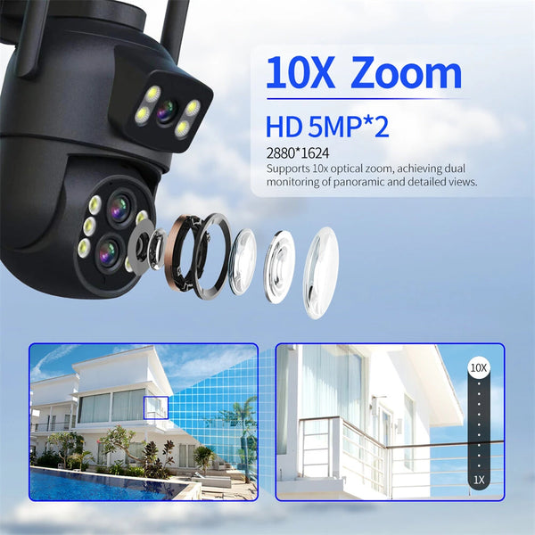 ESCAM QF500 10X Dual Lens 5MP+5MP WiFi IP Camera Night Vision Pan/Tilt Humanoid Detection Waterproof Two Way Audio Cloud Storage
