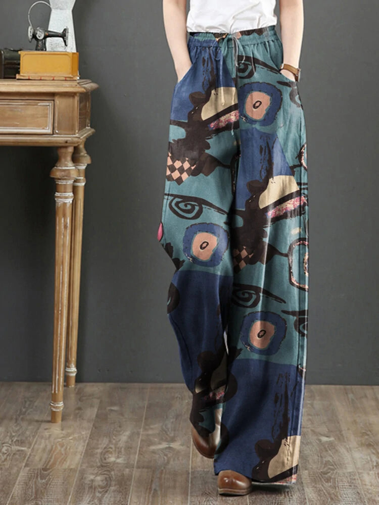 ZANZEA Women Plus Size  Flared Wide-Leg Floral Printed Retro Side Pockets Pants