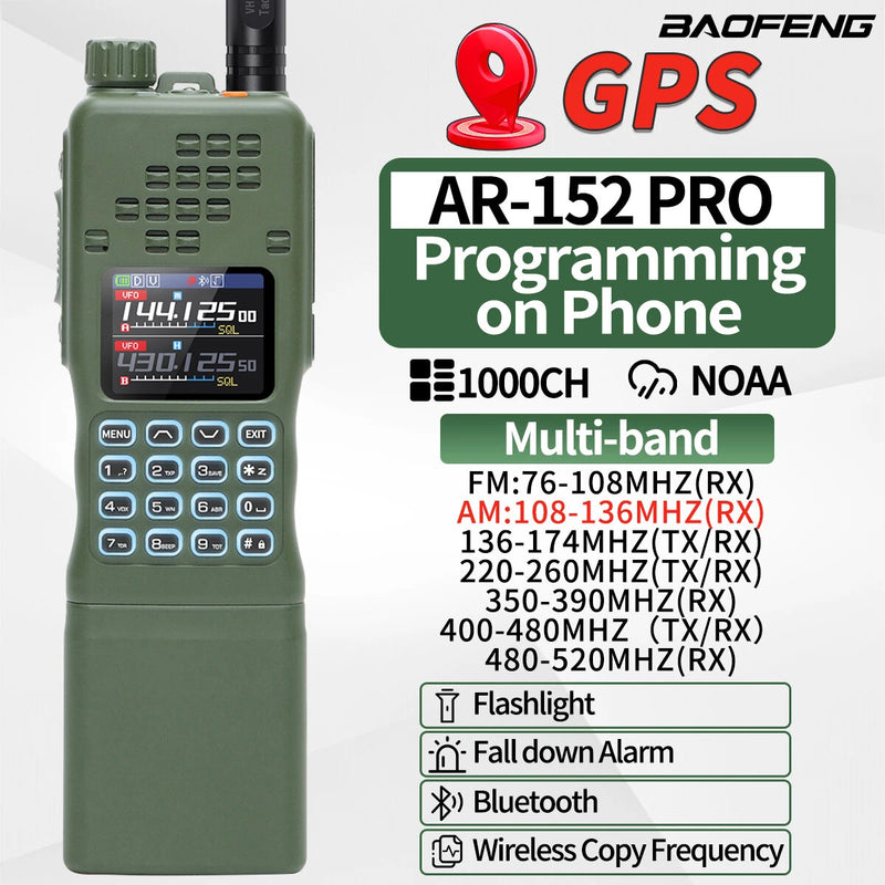 BAOFENG AR-152 PRO 10W GPS Walkie Talkie Long Range Bluetooth Programming Multi Band 12000mAh Tactical 1000CH Two Way Ham Radio with Flashlight