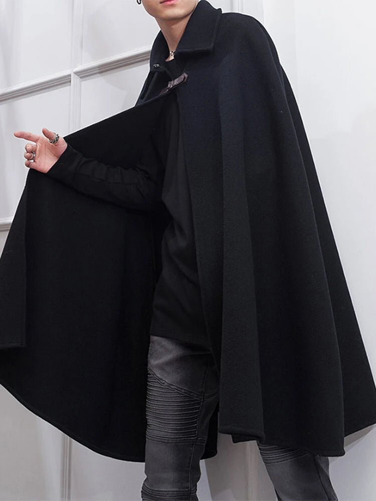 INCERUN Men Lapel Sleeveless Shawl Cape Black Mens Coat Cape Belt Buckle Middle Long Coat Jacket