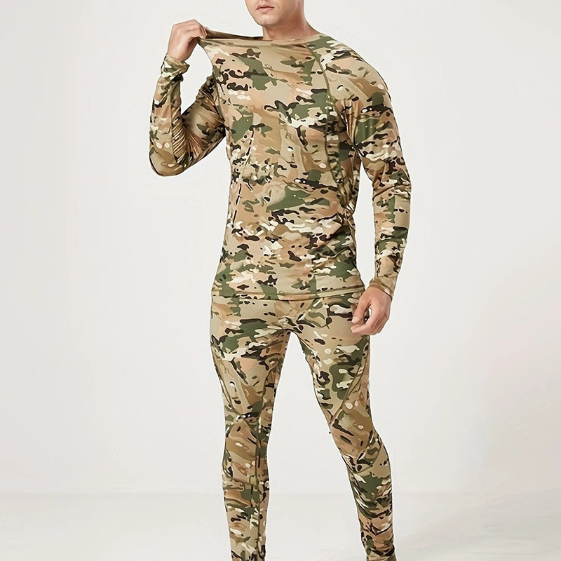 TENGOO Men's Camouflage Thermal Underwear Set,Long Sleeve Top Pant Sports Warm Suit, Crew Neck, High Stretch Knit Fabric, Outdoor Hiking Base Layer Skinny Fit