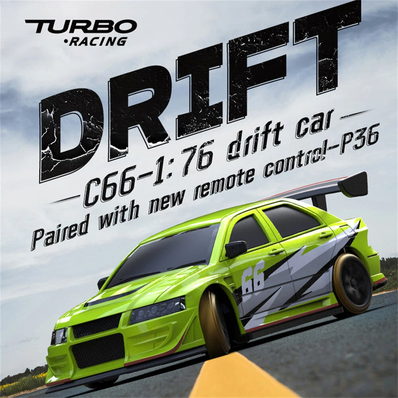 Turbo Racing C66 RTR 1/76 2.4G RWD Mini Drift RC Car with Upgrading Gyro Motor Throttle Curve Micro Full Proportional LED Light On-Road Racing Remote Control Vehicles Models Kids Children Toys