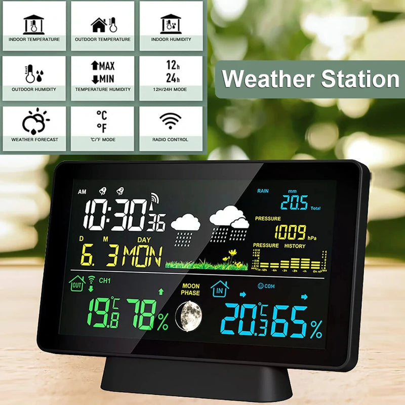 Multi-function Professional Weather Station Alarm Clock Wireless Indoor Outdoor Thermometer With Rain Gauge/ Temperature/  Humidity/ Rainfall Monitoring/ Atmospheric Pressure Intelligent Color Screen Clock