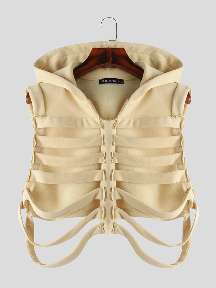 INCERUN Men Vests Skeleton Rib Deconstructed Design Hooded Sleeveless Streetwear Male Waistcoats Fashion Casual Vests Men S-5XL