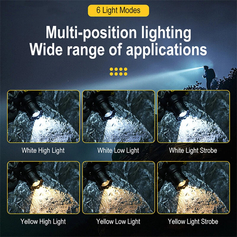 SEEKNITE 500M Distance Smart Sensor LED Headlamp Spotlight/Floodlight Zoom, Yellow/White Light Adjusted, Type-C Rechargeable, Fishing Camping Running Working Headlight Long Shot Head Flashlight