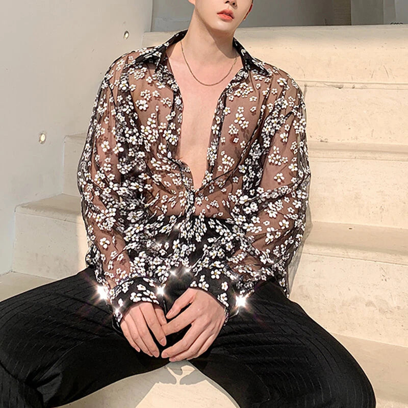 INCERUN Men Long Sleeve Mesh Shirts Turn Down Collar Casual Printing Shirt Man See Through Loose Blouse Fashion Party Blusas
