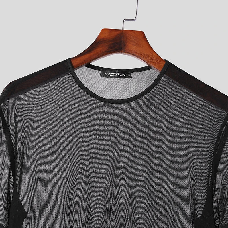 INCERUN Men's T-shirt Solid Color Crew Neck Short Sleeve T-shirt with Design See Through Fabric, Chic Tops Suitable for Summer Nightclubs Leisurewear