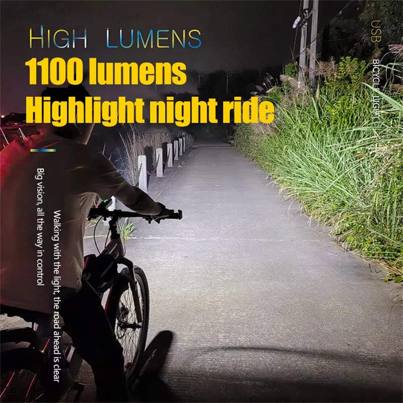 BENGGUO 1100LM Bicycle Headlight High-brightness IPX4 Waterproof Type-C Charging 8 Modes Bike Front Light for MTB Night Riding Safety