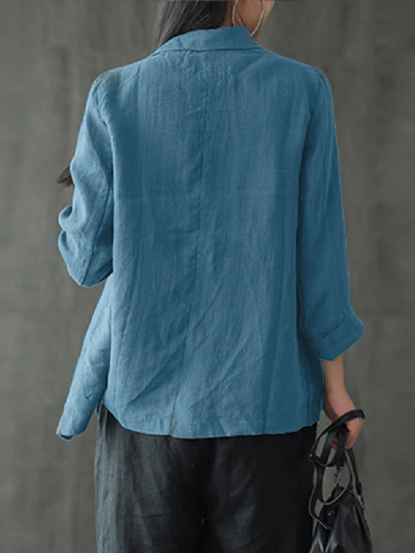 Women 100% Cotton Solid Color Button Front Business Thin All-Match Blazer With Pocket