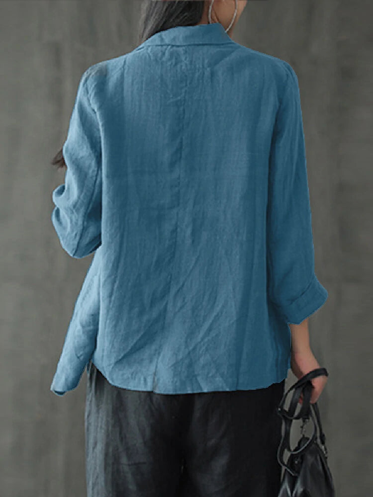 Women 100% Cotton Solid Color Button Front Business Thin All-Match Blazer With Pocket