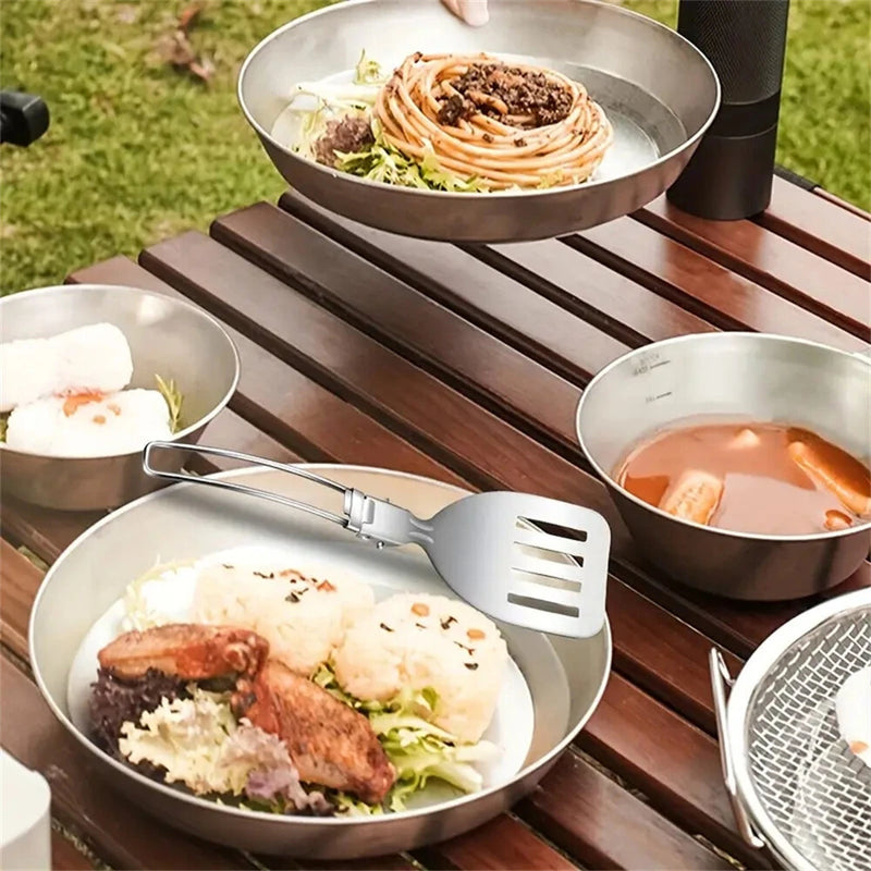 IPRee 6pcs Kitchen Accessories Multi-functional Folding Kitchenware Cookware Stainless Steel Portable Folding Soup Ladle, Perforated Spoon, Scraper, Spatula and Storage Bag