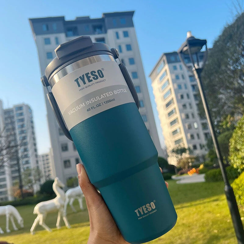 Tyeso 900ml/1200ml Portable Double Layer 304 Stainless Steel Water Bottle, Cold and Hot Coffee, Travel Gym Mug with Lid and Straw, Car Thermos Cup