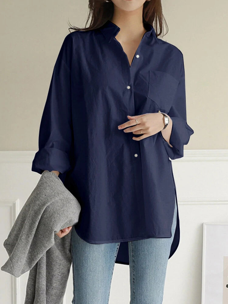 Women Daily Casual Cotton Irregular Hem Commute Loose Shirts