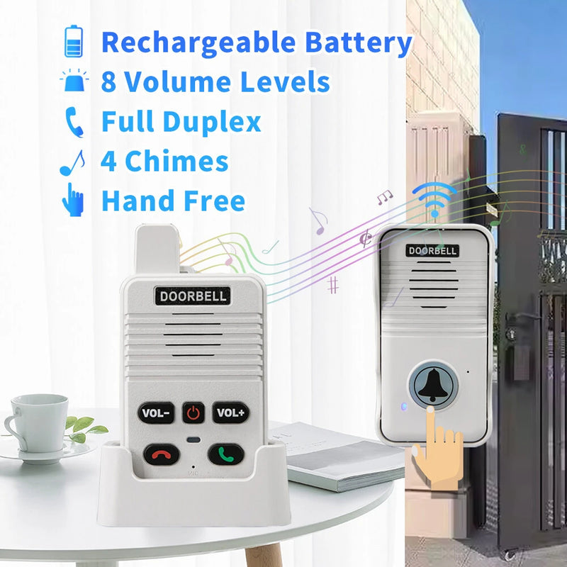Wireless Intercom Doorbell System Long Range Two-Way Communication Rechargeable Battery Adjustable Volume Weather Resistant Easy Installation for Home Hospital Elderly Care CN Plug