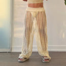 INCERUN Men Pants Fashion Loose Fit Mesh Hollow Out Beach Trousers Summer Comfy Beige Pants