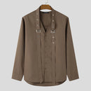 INCERUN Mens Tie Design Long Sleeve Shirt Casual Solid Color Fashion Design Men Top Loose Fit