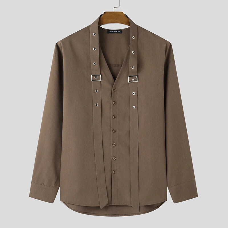 INCERUN Mens Tie Design Long Sleeve Shirt Casual Solid Color Fashion Design Men Top Loose Fit