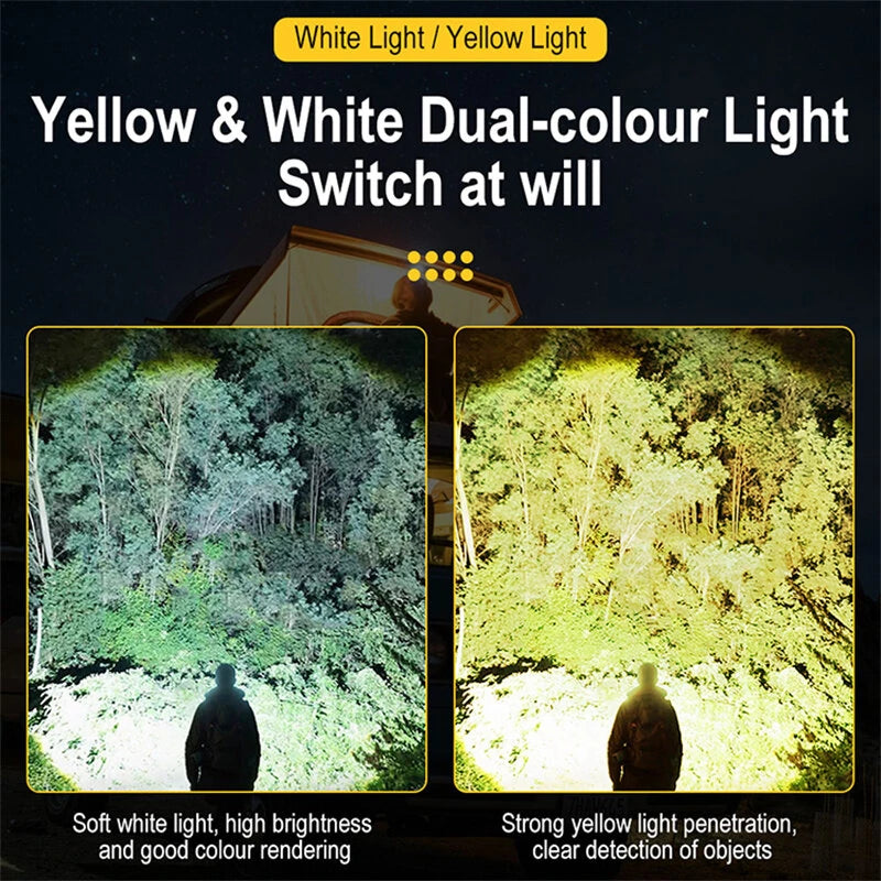 SEEKNITE 500M Distance Smart Sensor LED Headlamp Spotlight/Floodlight Zoom, Yellow/White Light Adjusted, Type-C Rechargeable, Fishing Camping Running Working Headlight Long Shot Head Flashlight