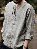 Mens Solid Lace-Up Neck 100%Cotton Long Sleeve T-Shirt