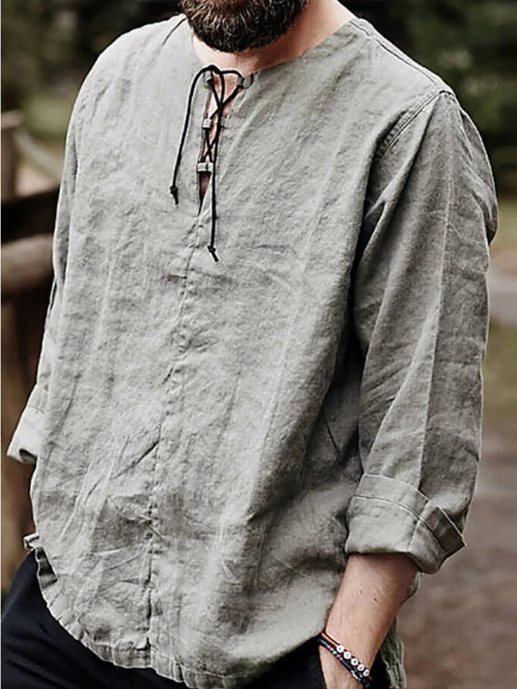 Mens Solid Lace-Up Neck 100%Cotton Long Sleeve T-Shirt