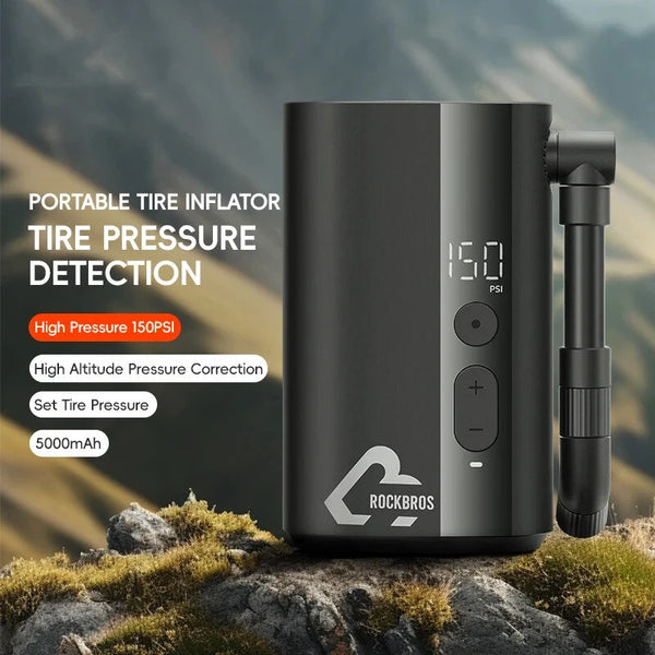 ROCKBROS Mini Electric Bike Air Pump 150PSI 5000mAh Type-C Rechargeable LED Digital Display Portable Lightweight Cycle Car Motorbike Football Inflator