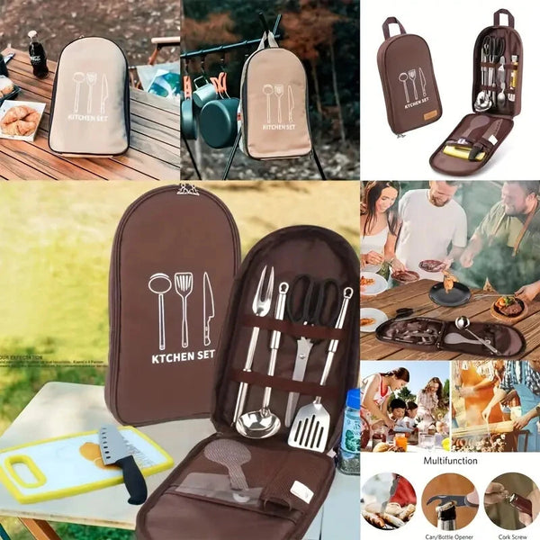 Portable Camping Kitchen Utensil Organizer Bag, Convenient Carry Case For Outdoor BBQ & Cooking Tools, Compact Cutlery Travel Set