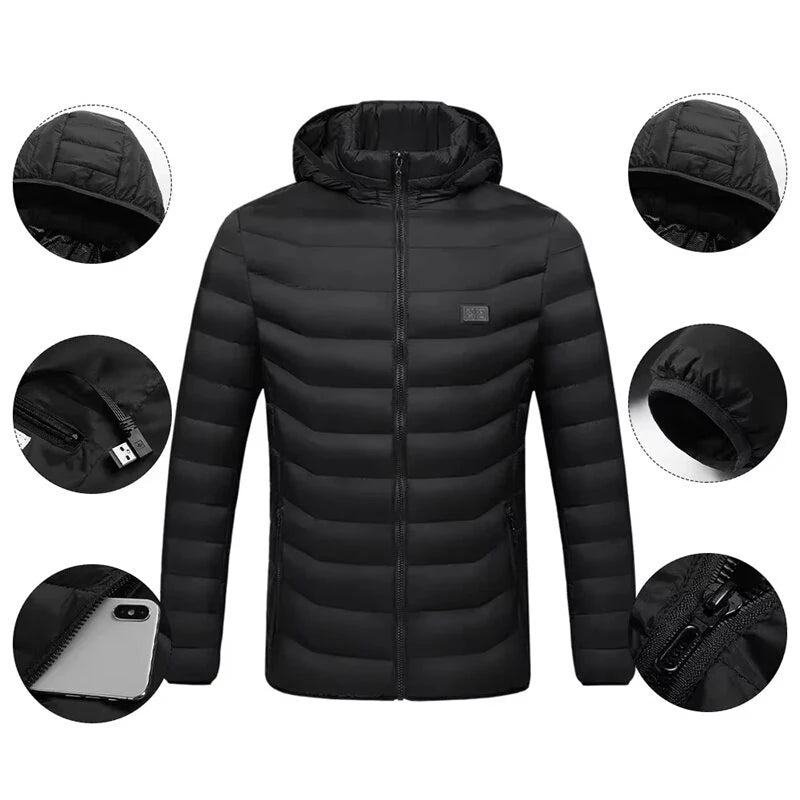 TENGOO HJ-11 Unisex Electric Heated Jacket - 11 Heating Areas,  3-Modes Adjustable, USB Charging, Thermal Hoodie Jacket for Winter Sport Skiing Cycling