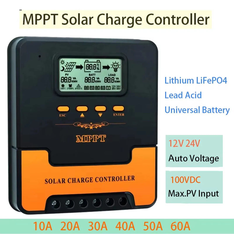 12V-24V Auto MPPT Solar Charge Controller 10A, 20A, 30A, 40A, 50A, 60A Smart PV Regulator, Lithium Lead Acid Battery Charger