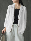 Women 100% Cotton Solid Color Button Front Business Thin All-Match Blazer With Pocket