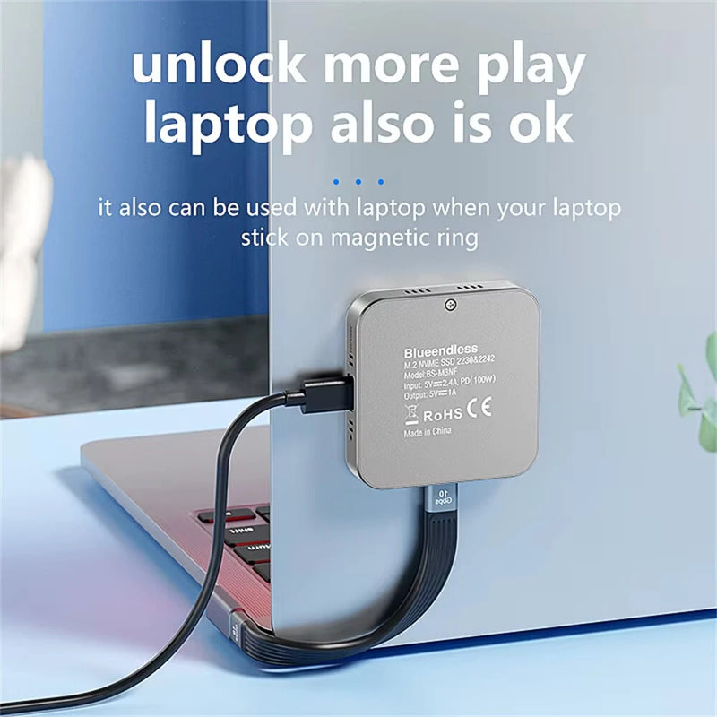 Blueendless Magnetic M.2 2230 2242 NVMe SSD Enclosure with Cooling Fan 100W PD Charging Type-C NVMe PCIE SSD Case