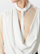 INCERUN Mens Shirt Fashion Swing Neck Patchwork Mesh Fabric Long Sleeve Shirts See Through Nightcklub Mens Clothing